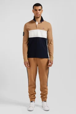 Regular camel long-sleeved cotton piqué polo shirt with padded embroidery
