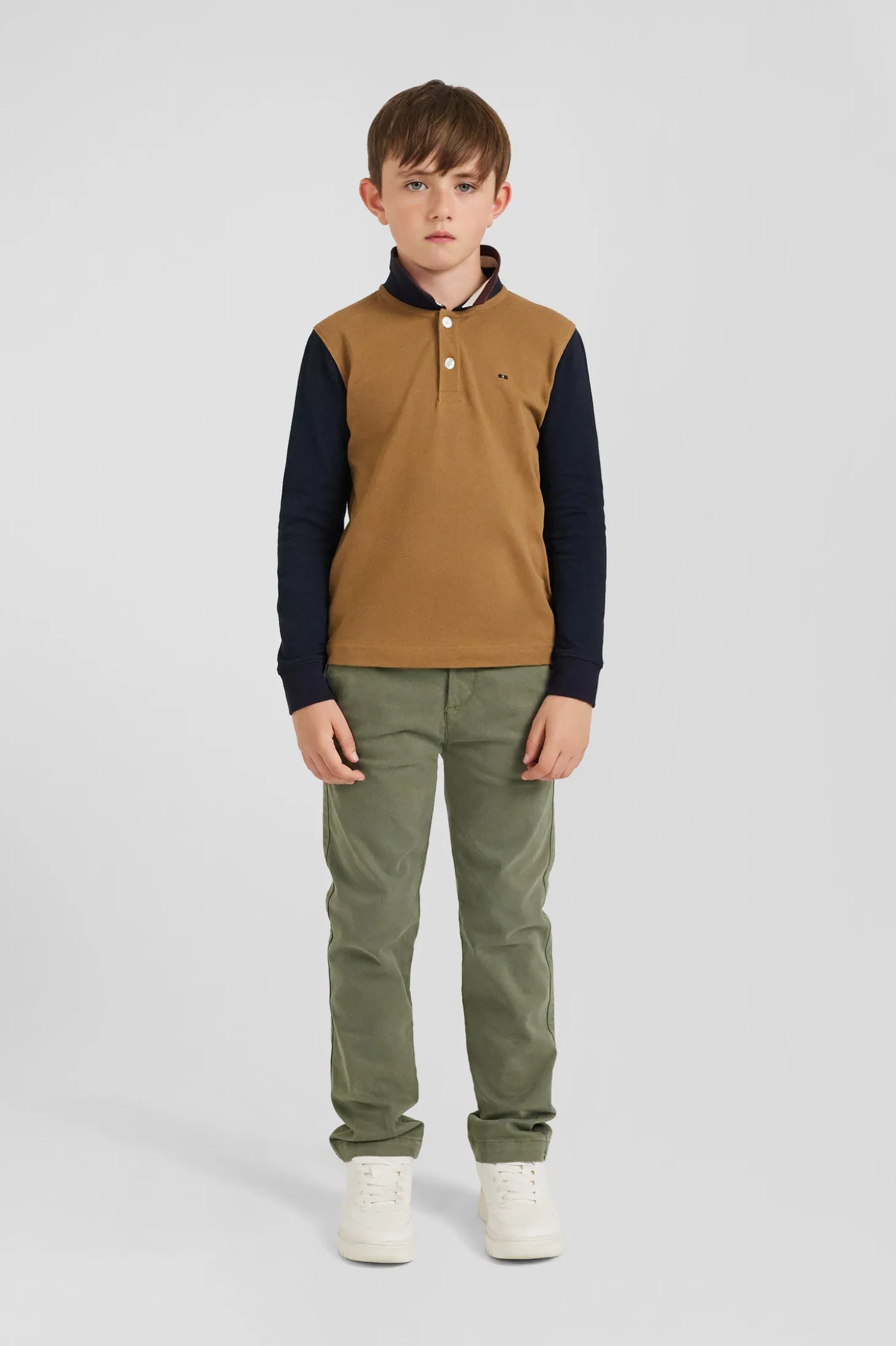 Regular camel long-sleeved cotton piqué polo shirt with tricolour Eden Park jacquard collar