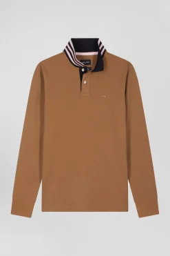 Regular camel long-sleeved cotton piqué polo shirt with striped collar