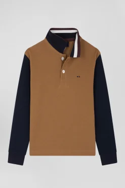 Regular camel long-sleeved cotton piqué polo shirt with tricolour Eden Park jacquard collar