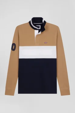 Regular camel long-sleeved cotton piqué polo shirt with padded embroidery