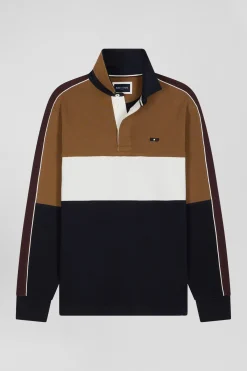 Regular camel long-sleeved cotton rugby shirt with back embroidery and piping
