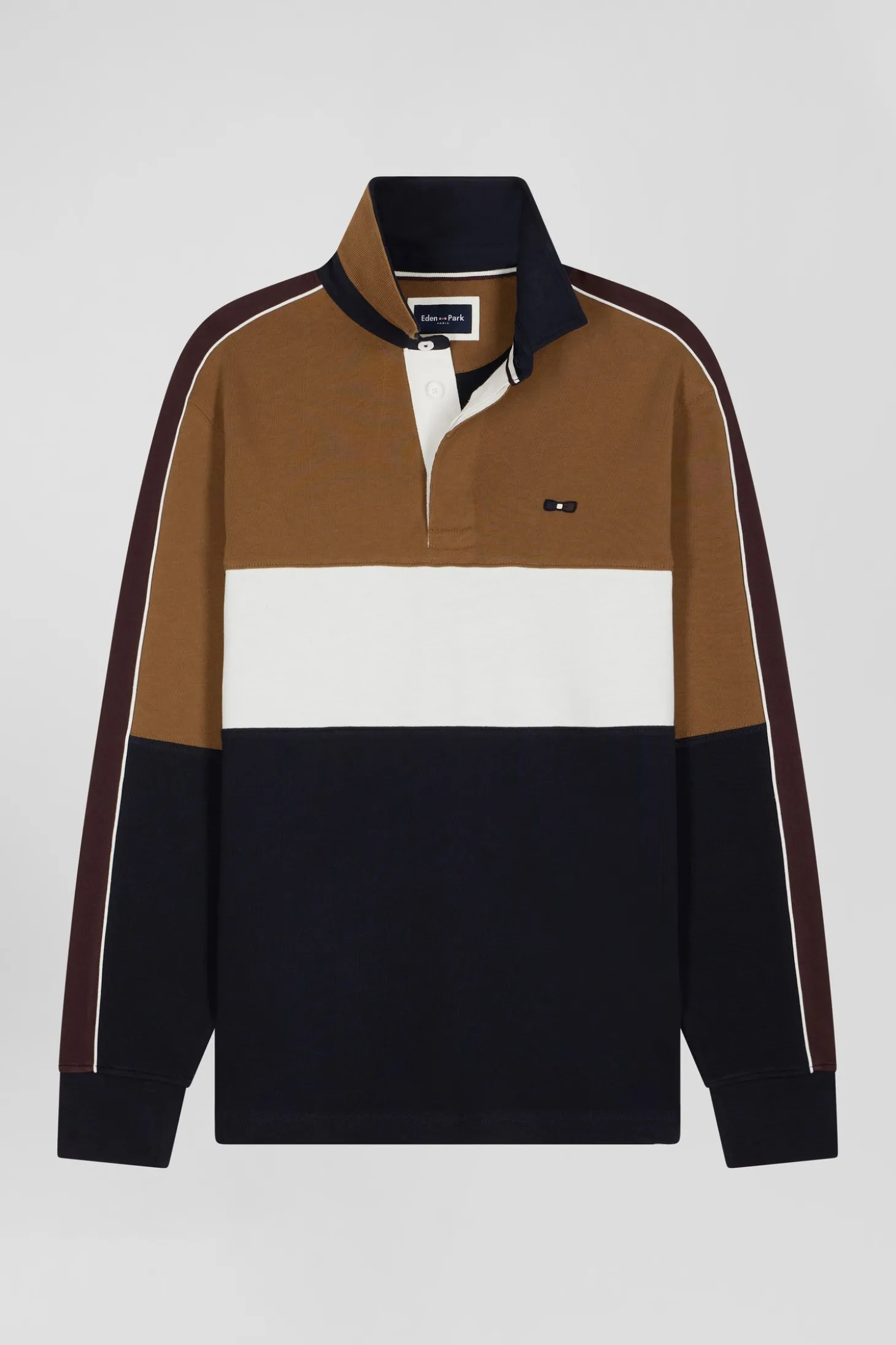 Regular camel long-sleeved cotton rugby shirt with back embroidery and piping