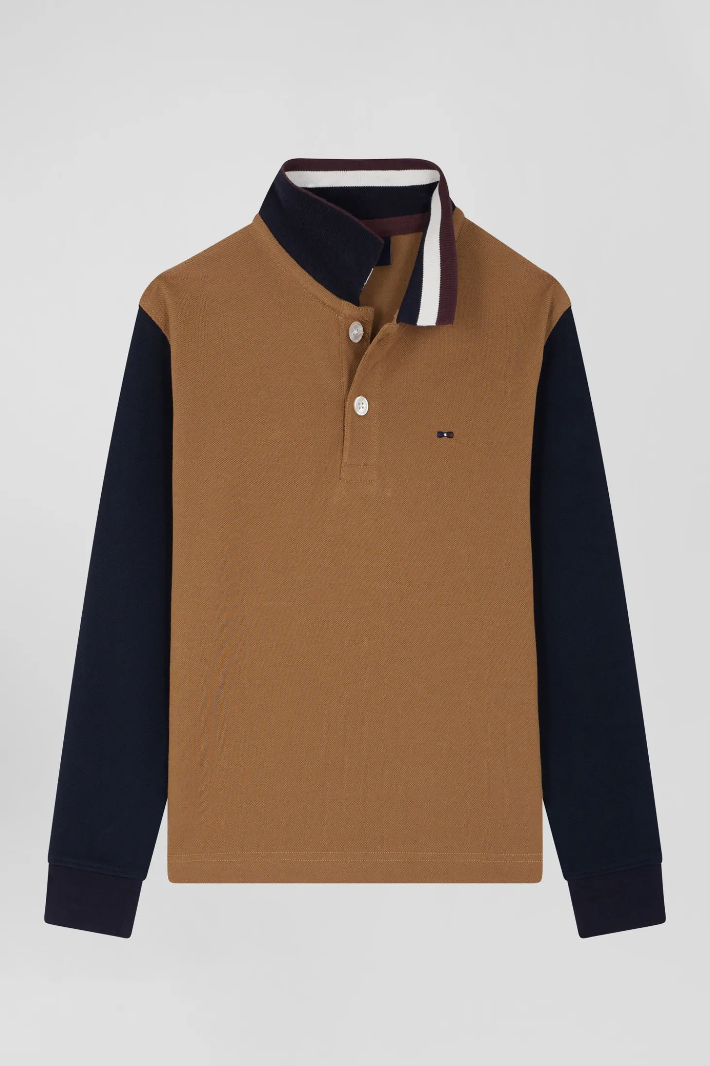 Regular camel long-sleeved cotton piqué polo shirt with tricolour Eden Park jacquard collar