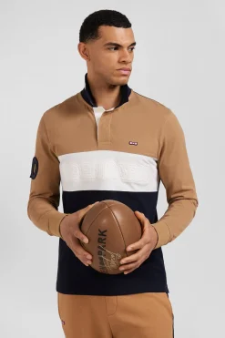 Regular camel long-sleeved cotton piqué polo shirt with padded embroidery