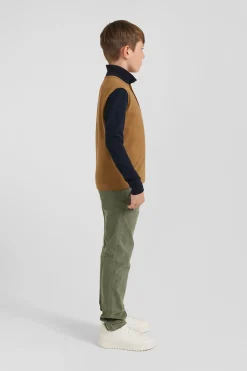 Regular camel long-sleeved cotton piqué polo shirt with tricolour Eden Park jacquard collar