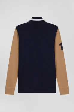 Regular camel long-sleeved cotton piqué polo shirt with padded embroidery