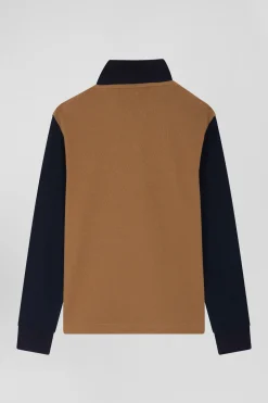 Regular camel long-sleeved cotton piqué polo shirt with tricolour Eden Park jacquard collar