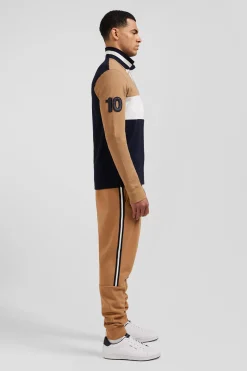 Regular camel long-sleeved cotton piqué polo shirt with padded embroidery