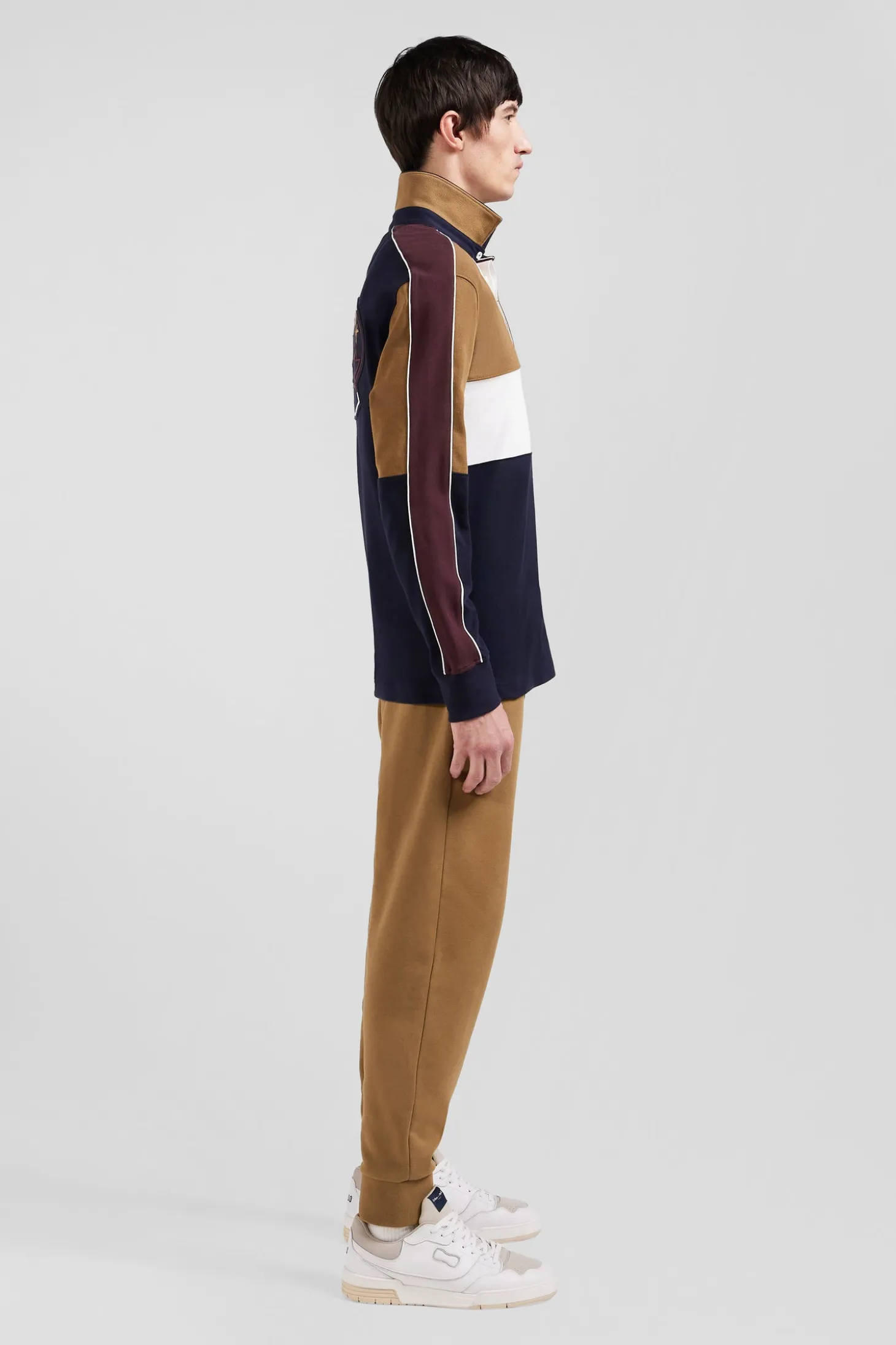 Regular camel long-sleeved cotton rugby shirt with back embroidery and piping