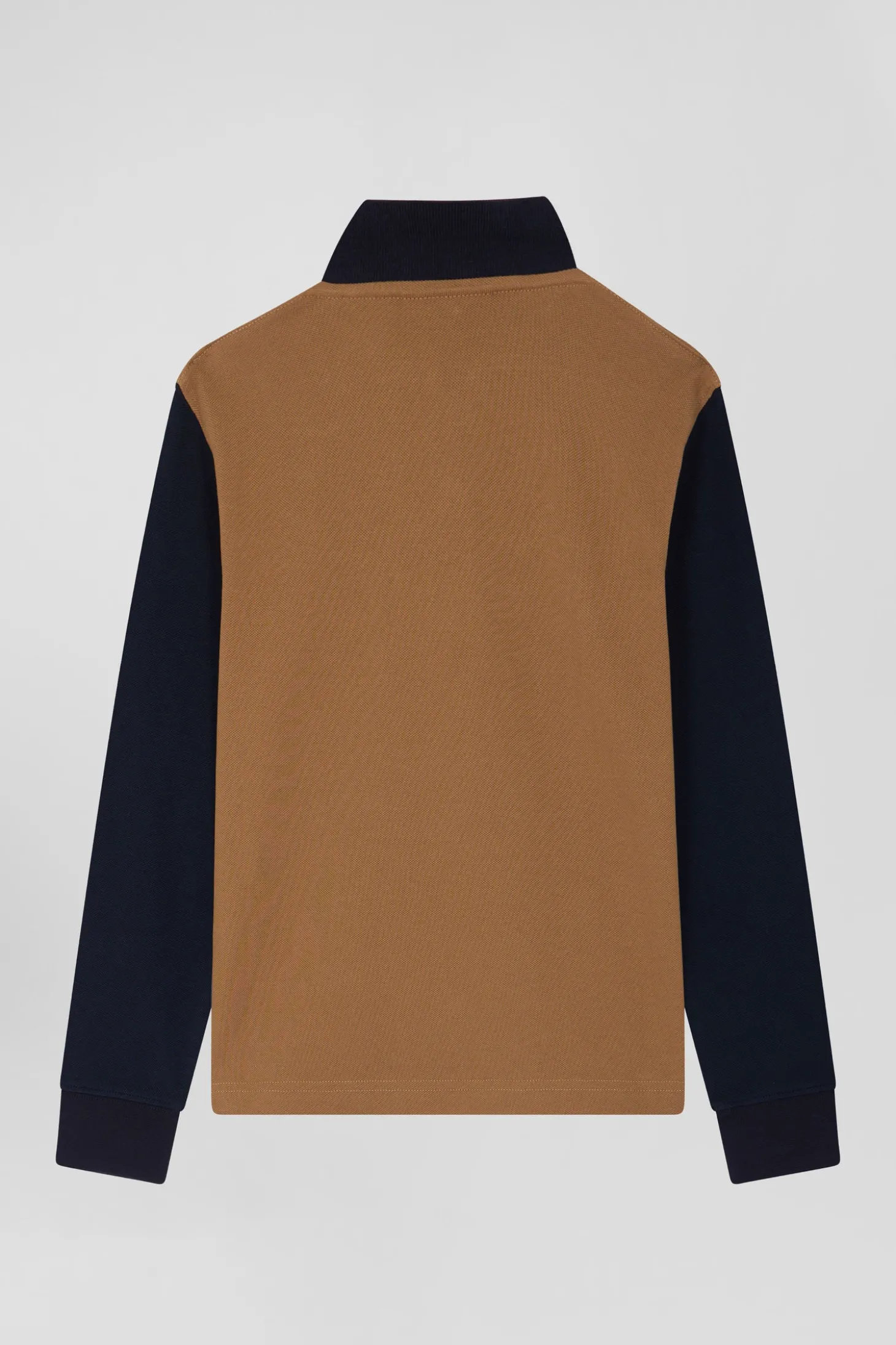 Regular camel long-sleeved cotton piqué polo shirt with tricolour Eden Park jacquard collar