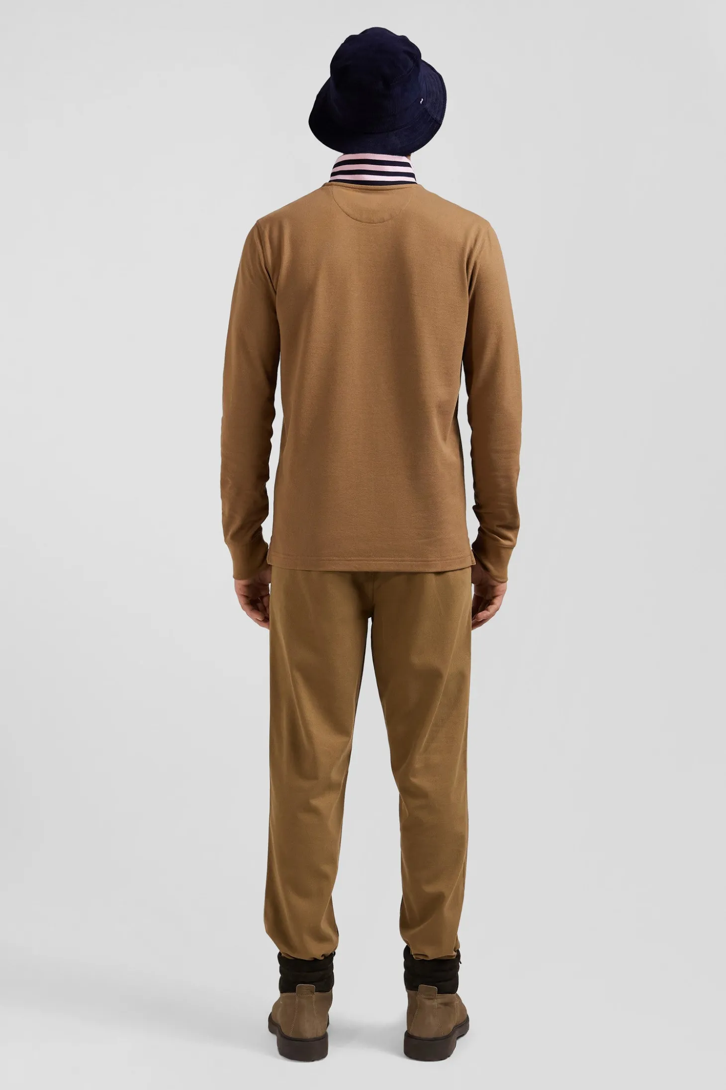 Regular camel long-sleeved cotton piqué polo shirt with striped collar