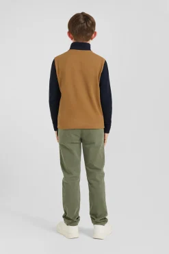 Regular camel long-sleeved cotton piqué polo shirt with tricolour Eden Park jacquard collar