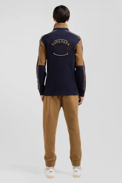 Regular camel long-sleeved cotton rugby shirt with back embroidery and piping