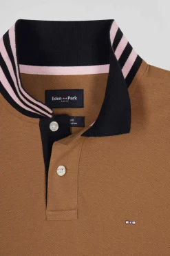 Regular camel long-sleeved cotton piqué polo shirt with striped collar