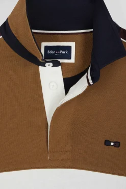 Regular camel long-sleeved cotton rugby shirt with back embroidery and piping