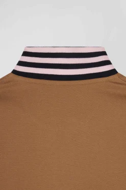 Regular camel long-sleeved cotton piqué polo shirt with striped collar
