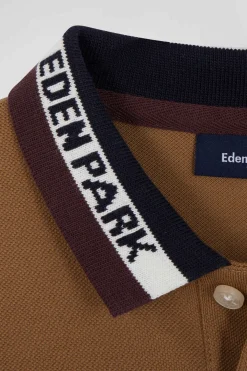 Regular camel long-sleeved cotton piqué polo shirt with tricolour Eden Park jacquard collar