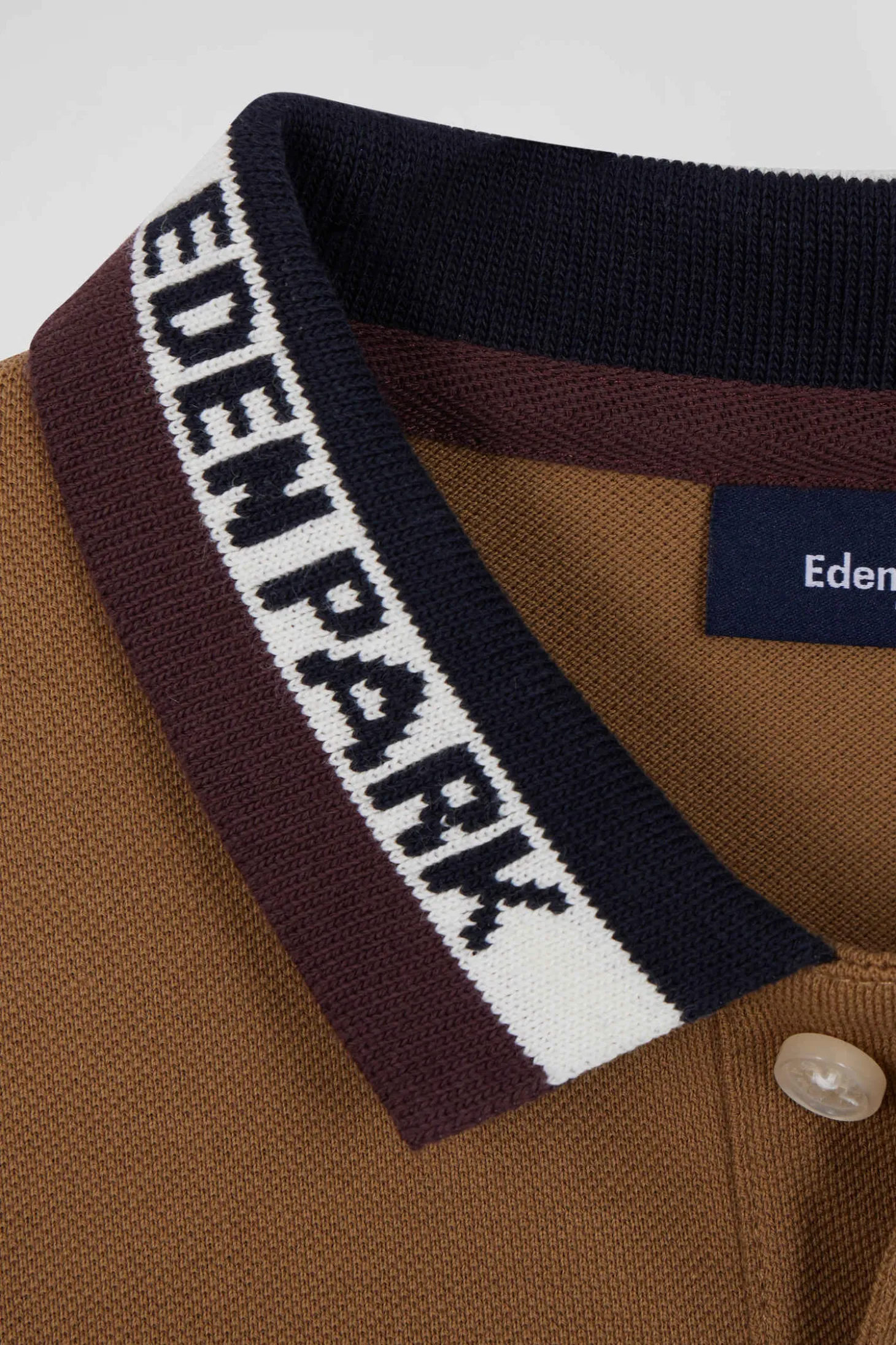 Regular camel long-sleeved cotton piqué polo shirt with tricolour Eden Park jacquard collar