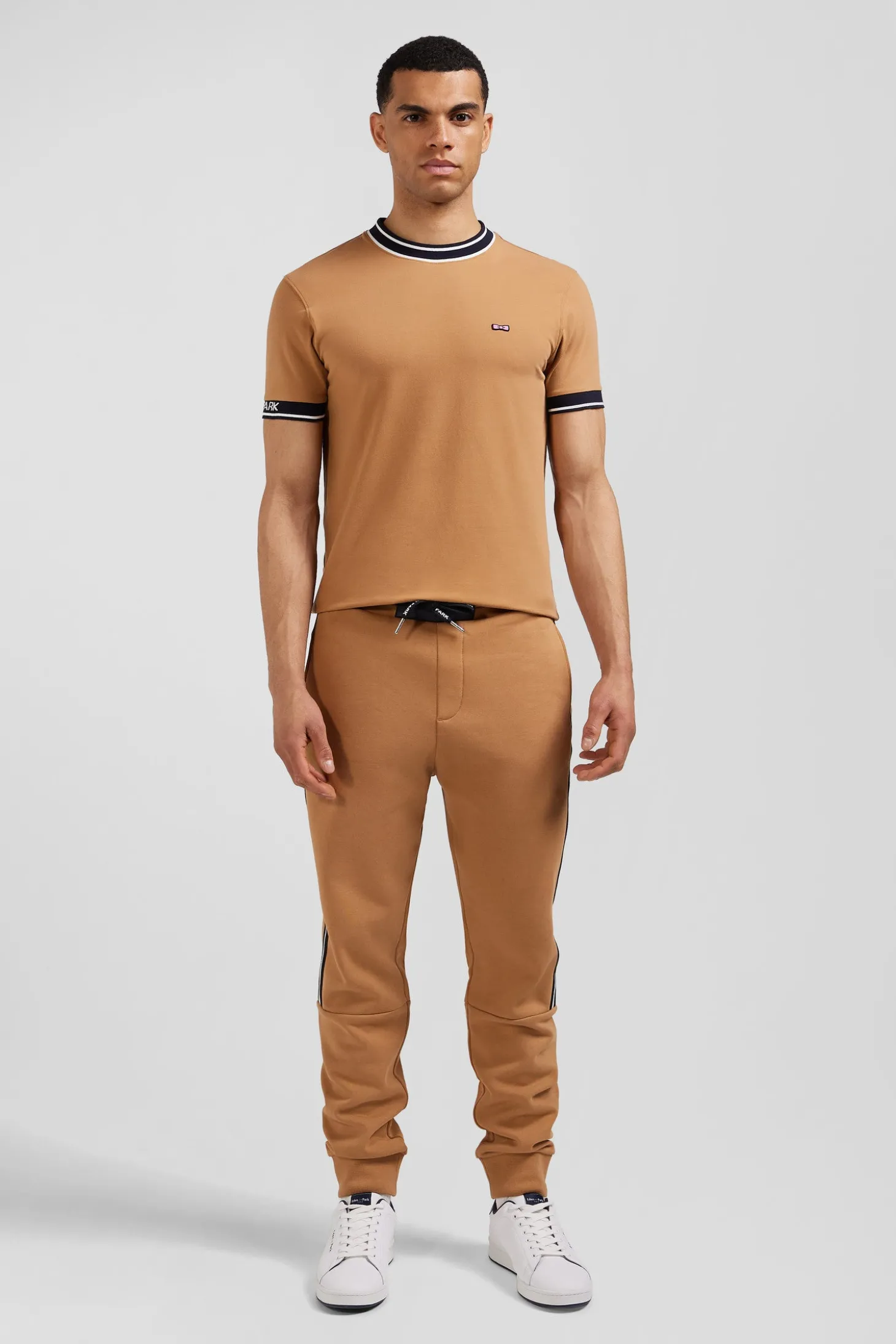 Regular camel mixed cotton jogging bottoms with striped trim