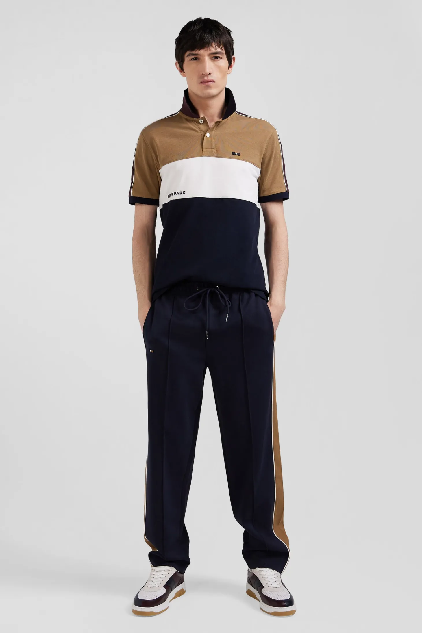 Regular camel mixed cotton jogging bottoms with leg piping