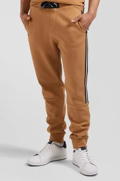Regular camel mixed cotton jogging bottoms with striped trim