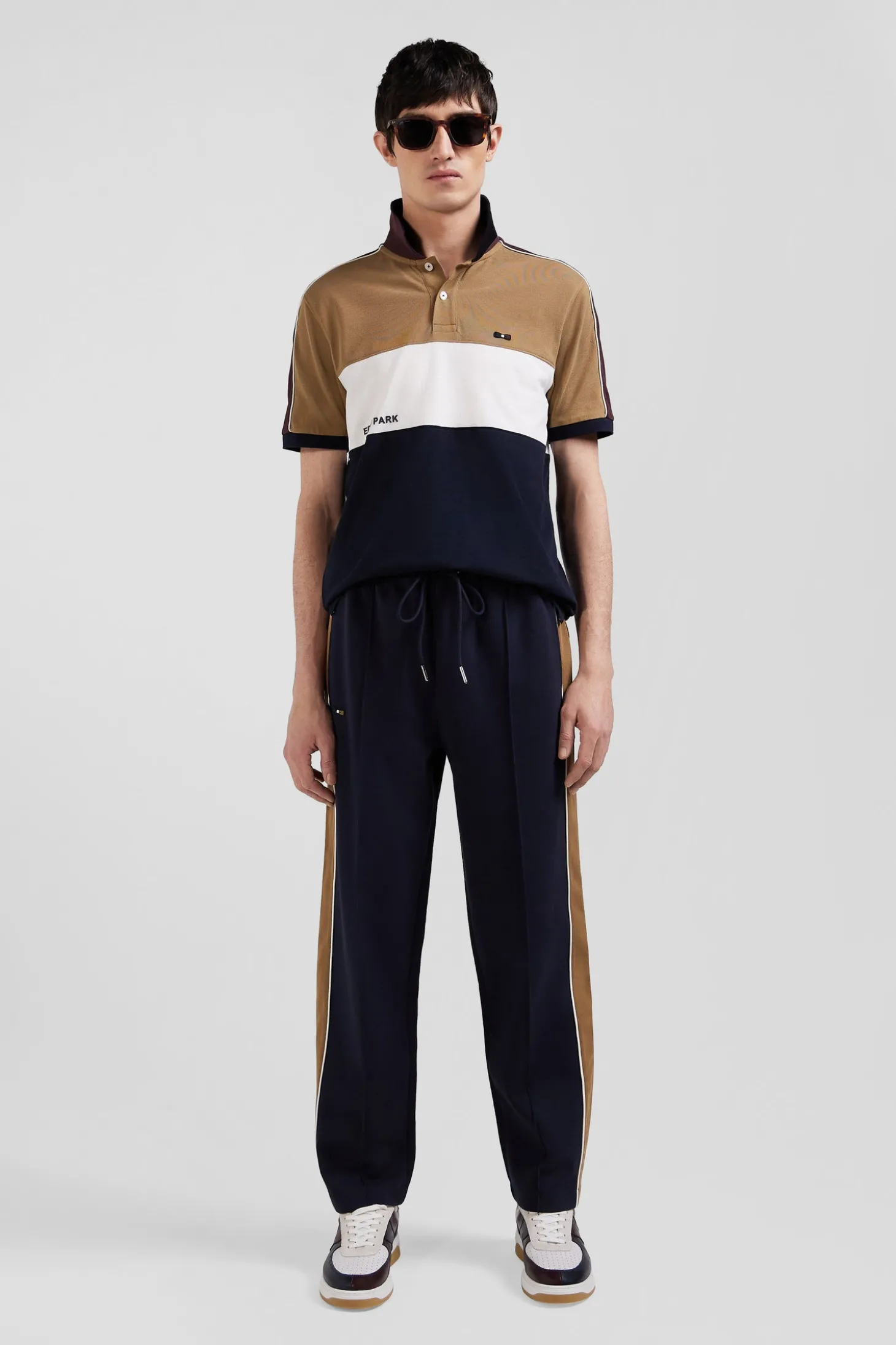 Regular camel mixed cotton jogging bottoms with leg piping