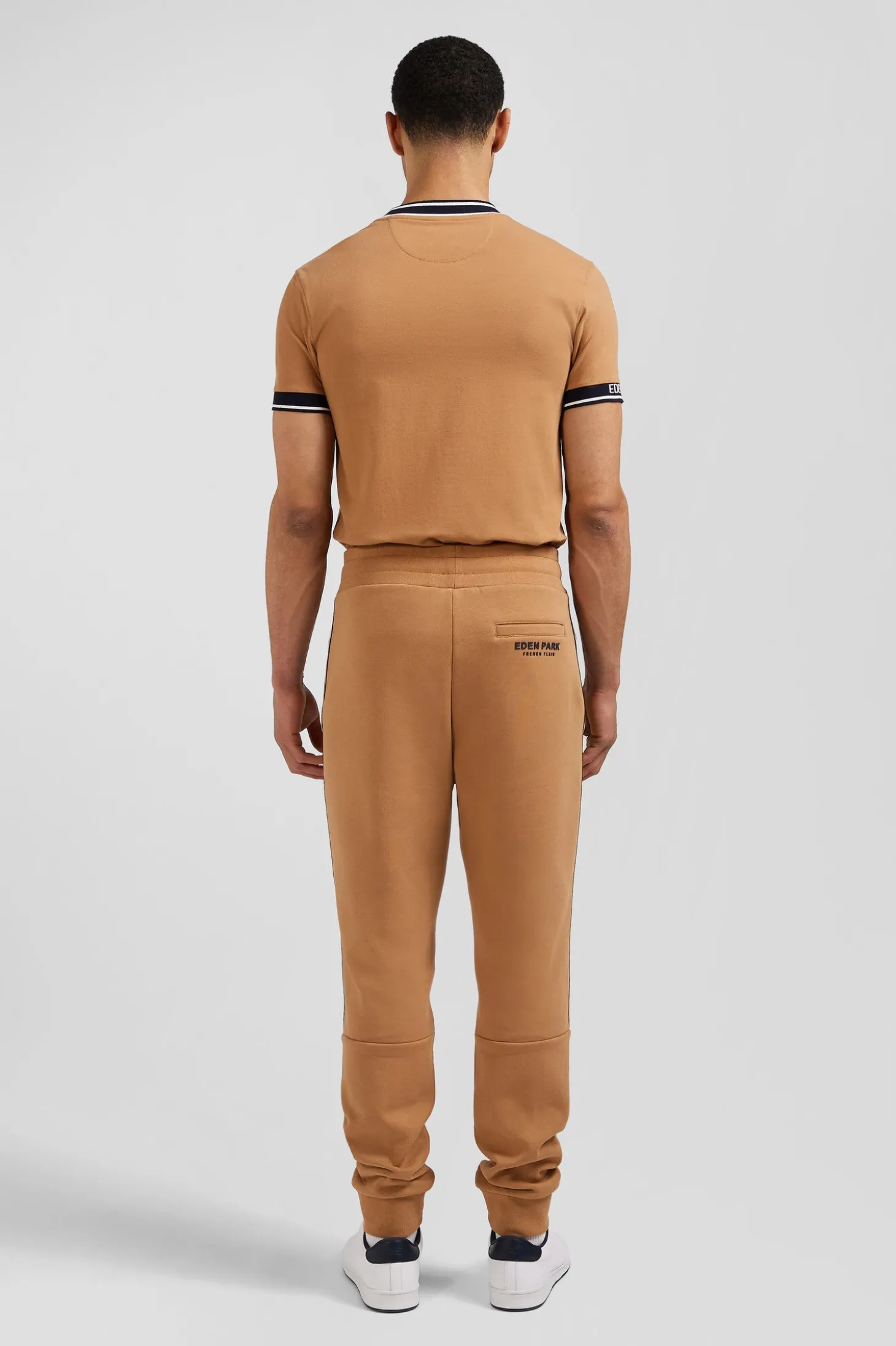 Regular camel mixed cotton jogging bottoms with striped trim