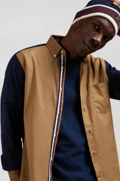 Regular camel pinpoint cotton bicolour shirt with back embroidery