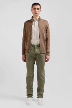 Regular camel plain wool and cotton zipped cardigan