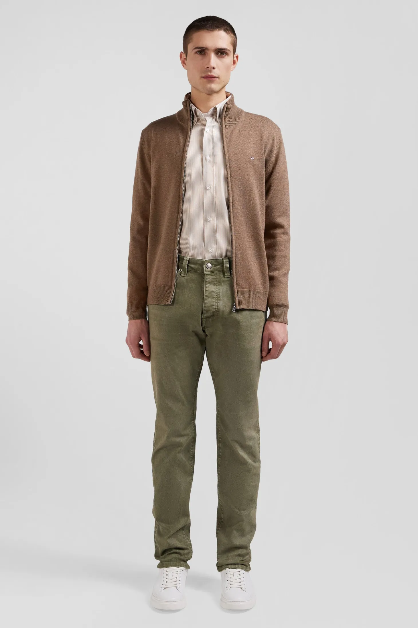 Regular camel plain wool and cotton zipped cardigan