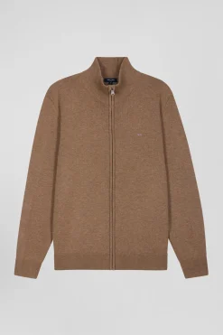 Regular camel plain wool and cotton zipped cardigan