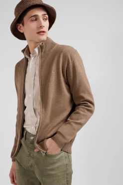 Regular camel plain wool and cotton zipped cardigan