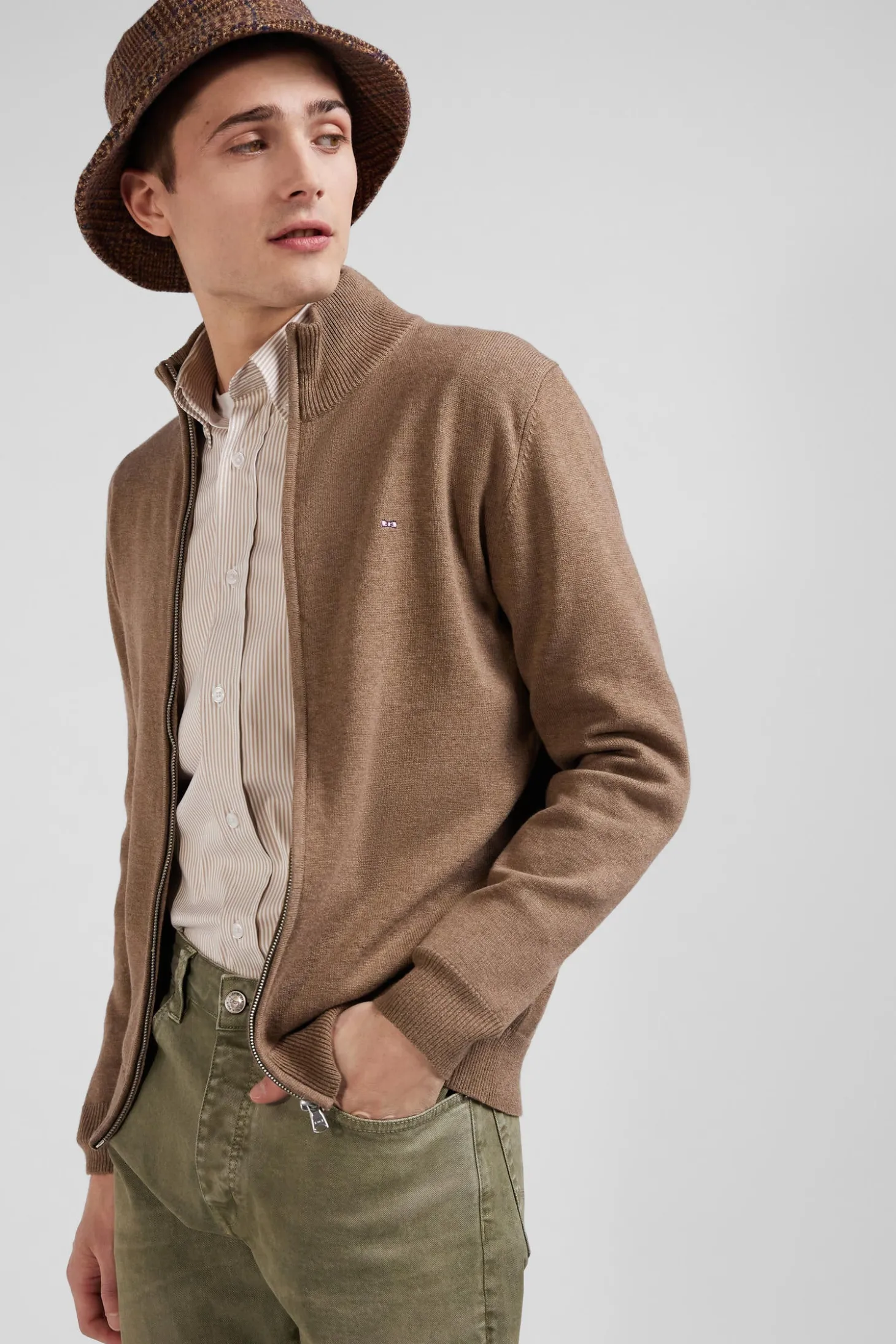 Regular camel plain wool and cotton zipped cardigan