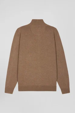 Regular camel plain wool and cotton zipped cardigan