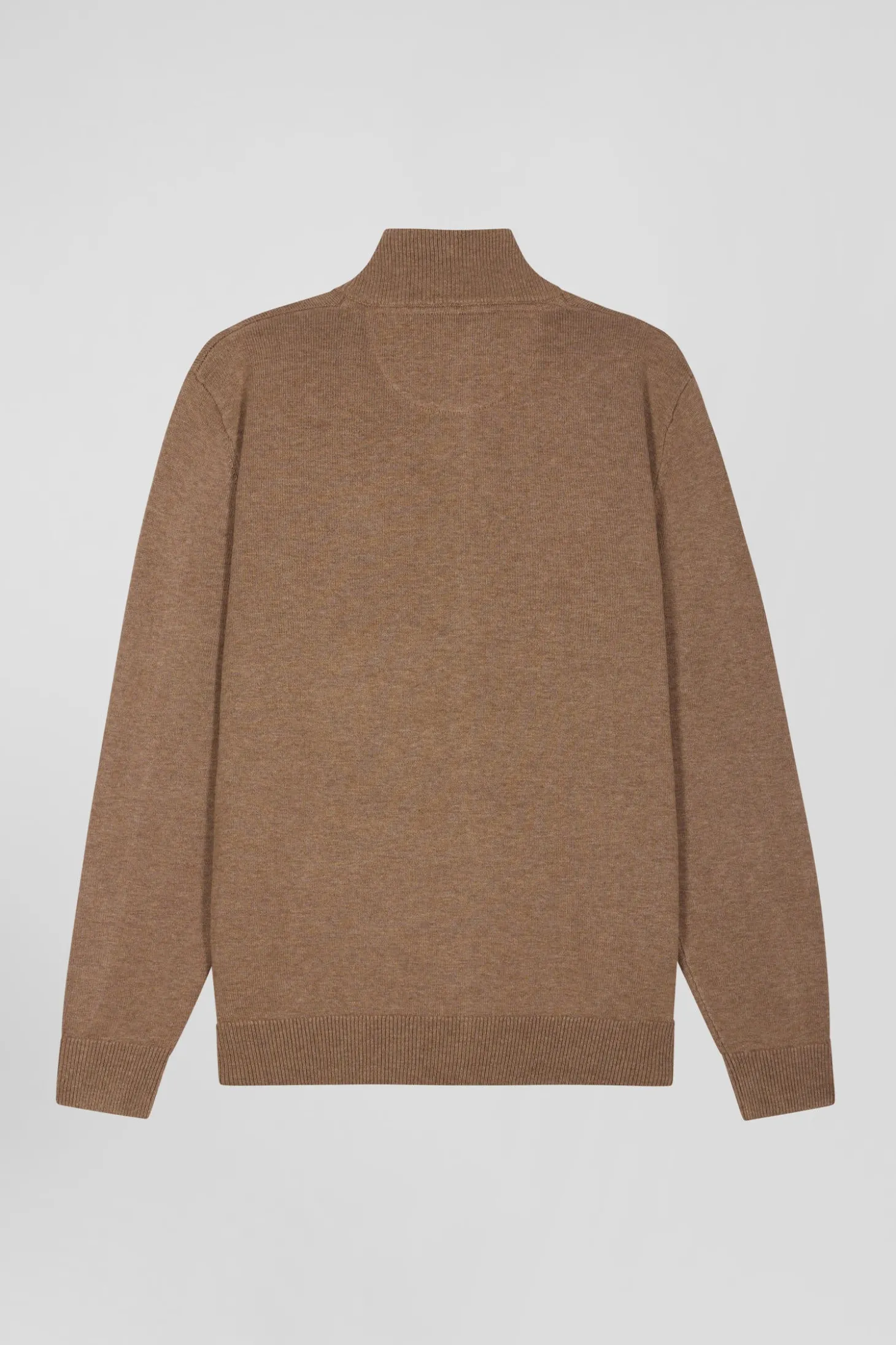 Regular camel plain wool and cotton zipped cardigan