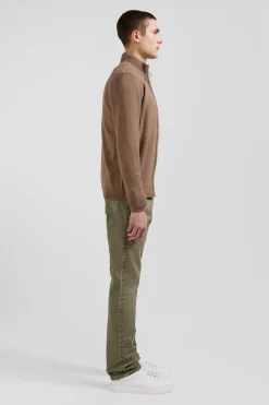 Regular camel plain wool and cotton zipped cardigan