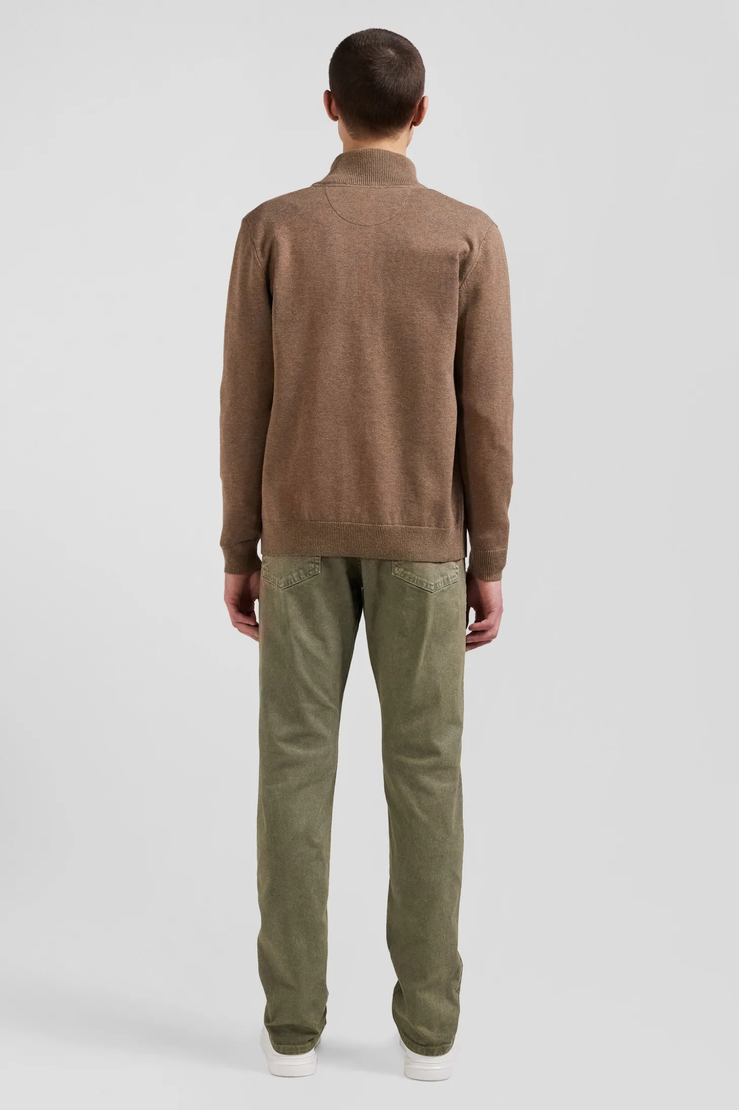 Regular camel plain wool and cotton zipped cardigan