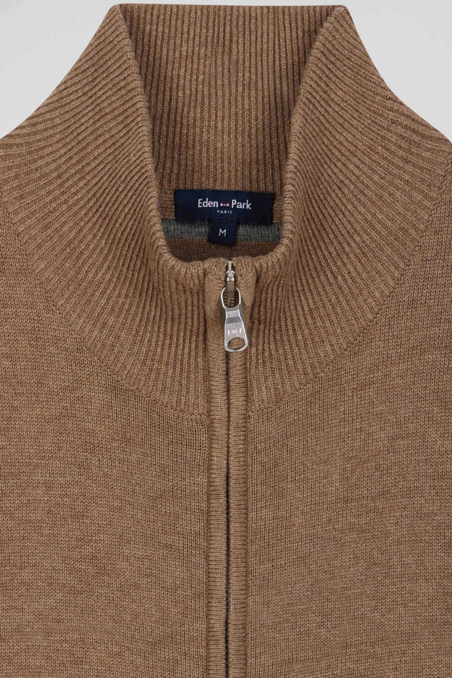 Regular camel plain wool and cotton zipped cardigan