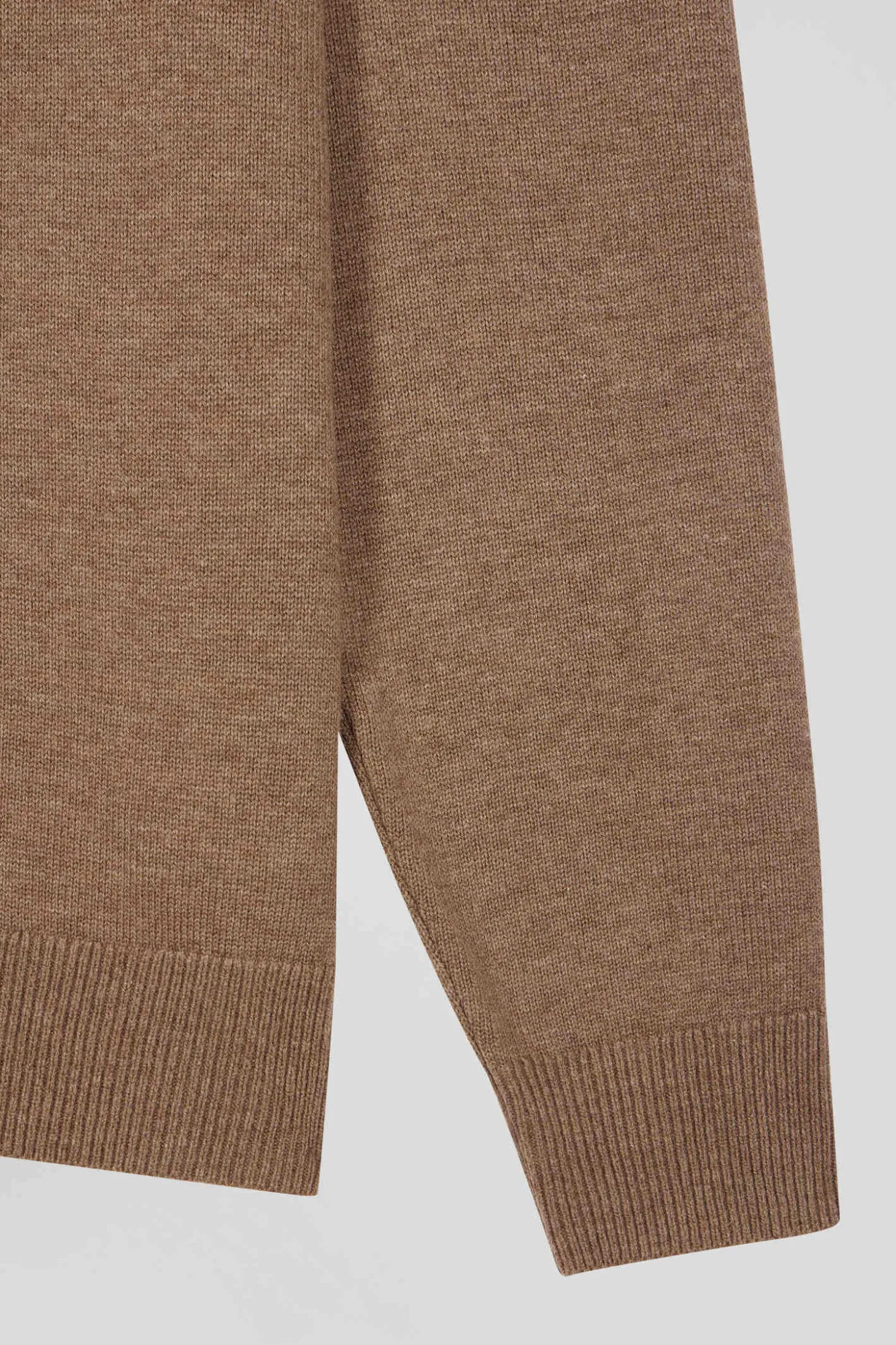 Regular camel plain wool and cotton zipped cardigan