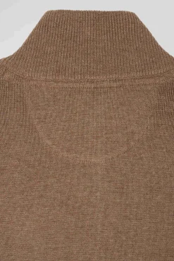 Regular camel plain wool and cotton zipped cardigan