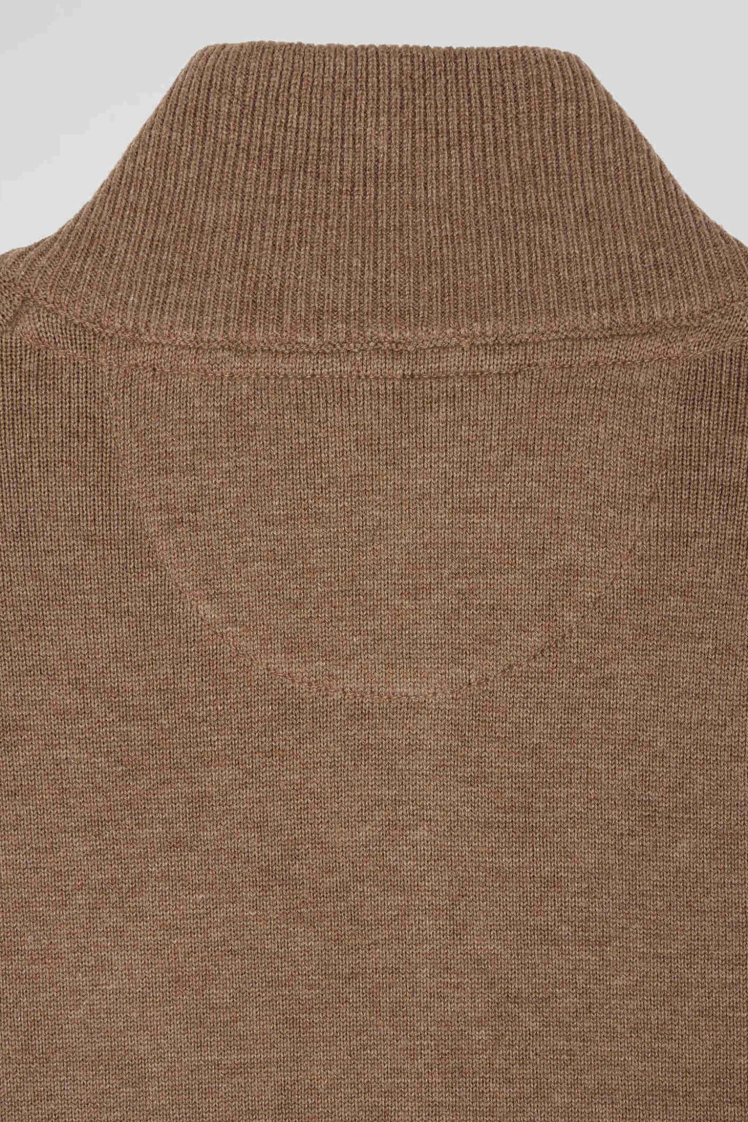 Regular camel plain wool and cotton zipped cardigan
