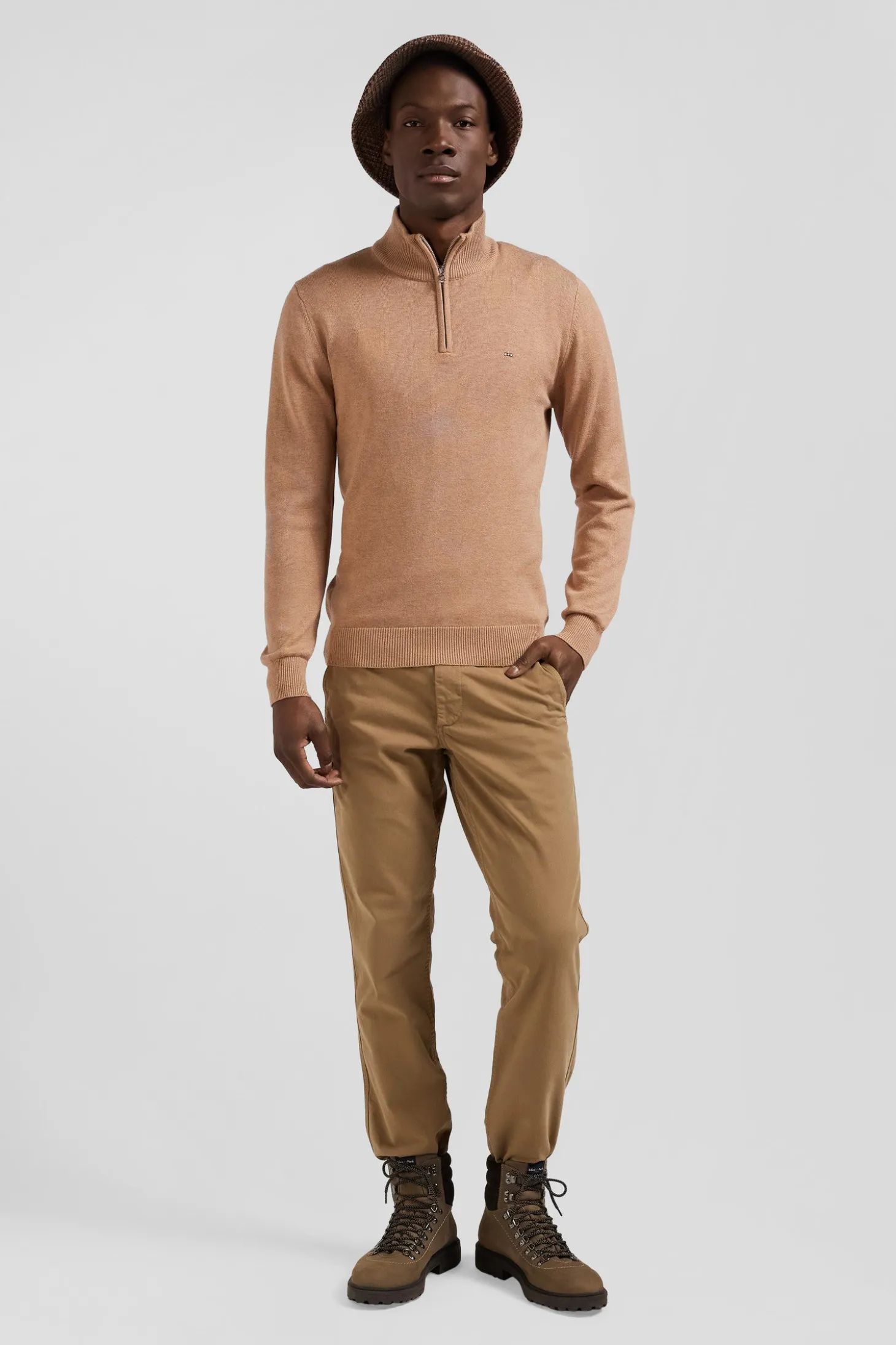 Regular camel semi-zipped wool and cotton jumper