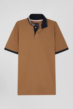 Regular camel short-sleeved cotton piqué polo shirt with contrasting details