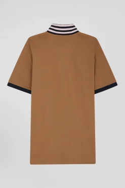 Regular camel short-sleeved cotton piqué polo shirt with contrasting details