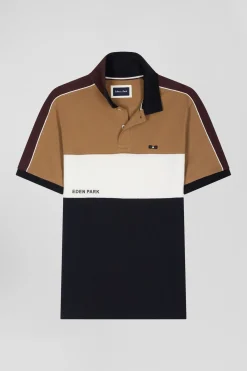 Regular camel tricolor short-sleeved cotton piqué polo shirt with Eden Park lettering