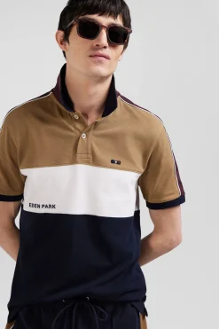 Regular camel tricolor short-sleeved cotton piqué polo shirt with Eden Park lettering