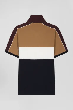 Regular camel tricolor short-sleeved cotton piqué polo shirt with Eden Park lettering