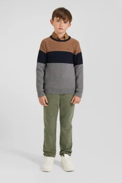 Regular camel tricolour cotton crew neck jumper
