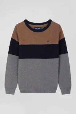 Regular camel tricolour cotton crew neck jumper